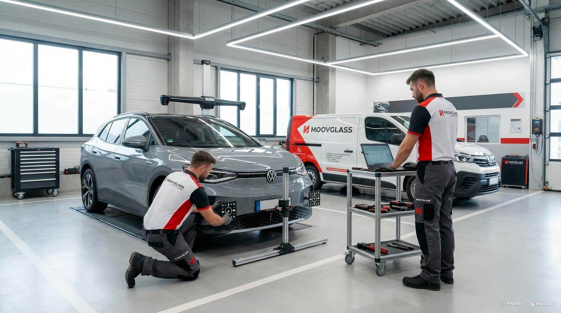 Technicien MOOVGLASS intervenant sur un vitrage automobile