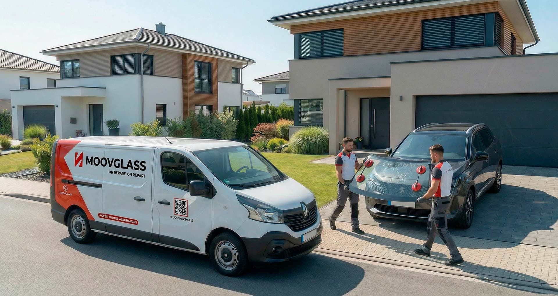 Atelier mobile MOOVGLASS remplaçant un pare-brise devant le domicile d'un client